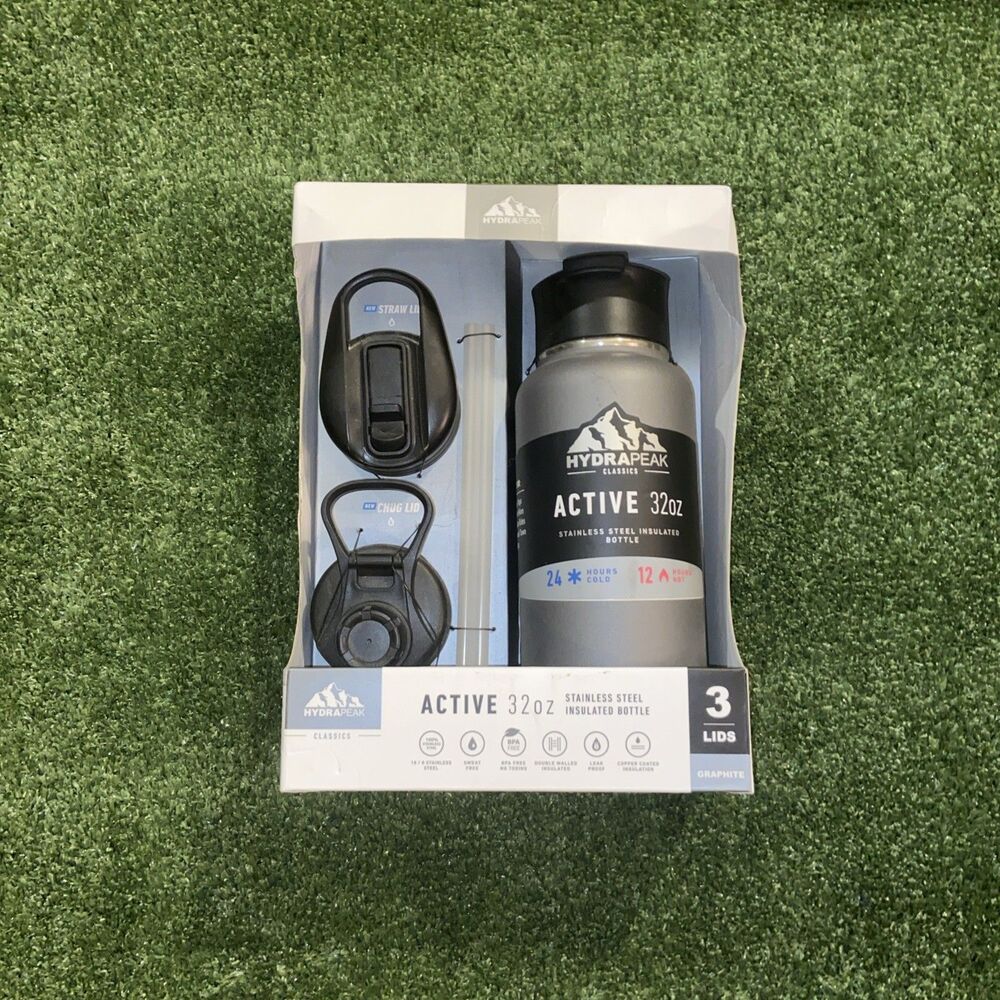 HydraPeak Active 32oz Stainless Steel Insulated Water Bottle With 3 Lids NEW
